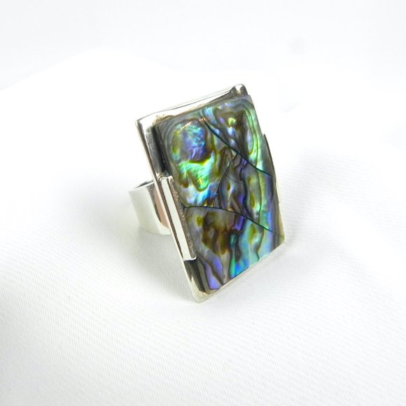 Silver Abalone Ring | 925 Silver Large Chunky Rectangular Accent Ring - Picture 4 of 11
